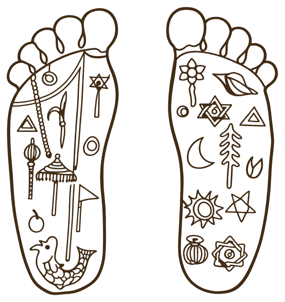 Golden footprints inscribed with sacred symbols